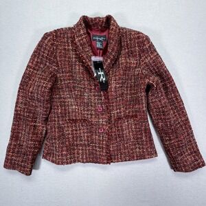 Requirements Tweed Blazer Women 8 Burgundy NWT Wool Blend Fringe Trim Jacket